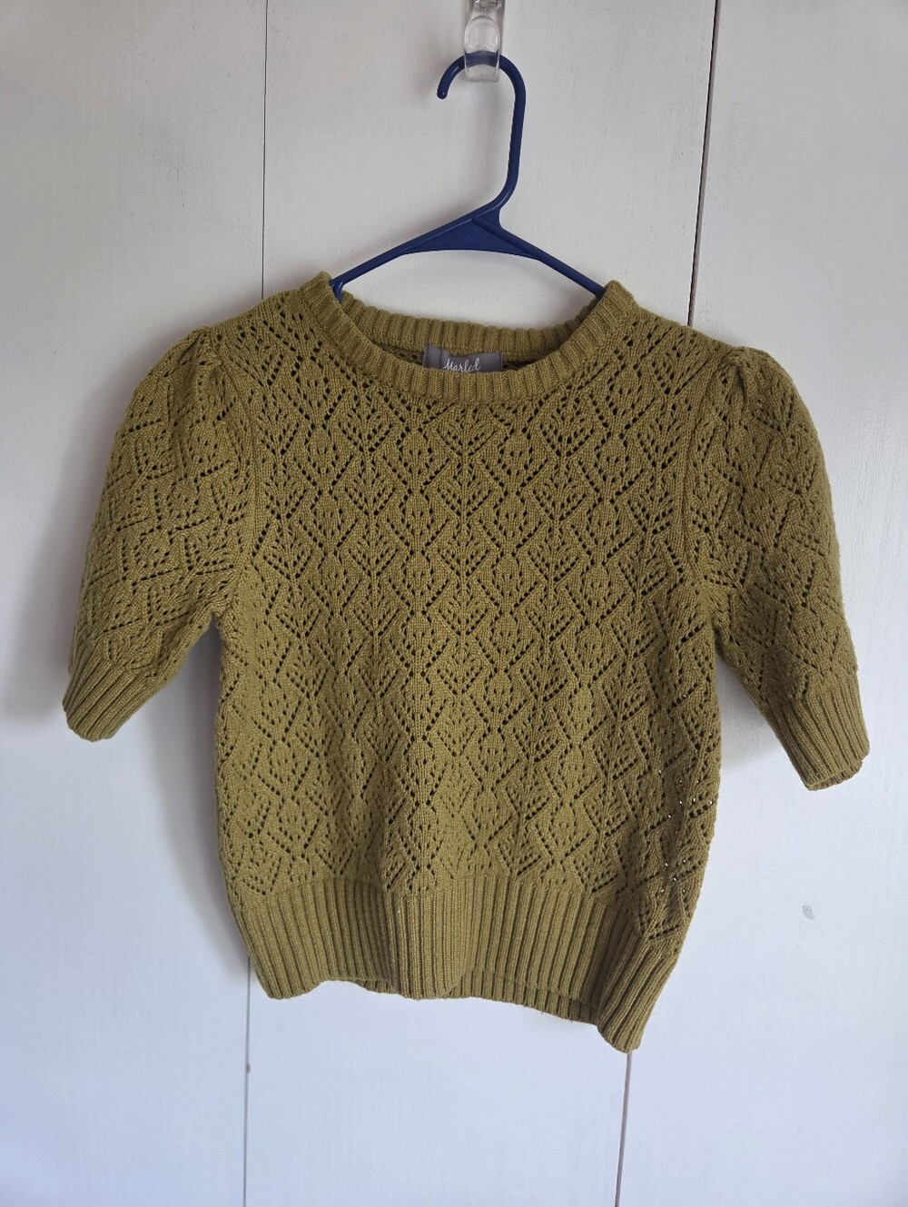 Marled Olive Green Eyelet Knit Short-Sleeve Crew Sweater